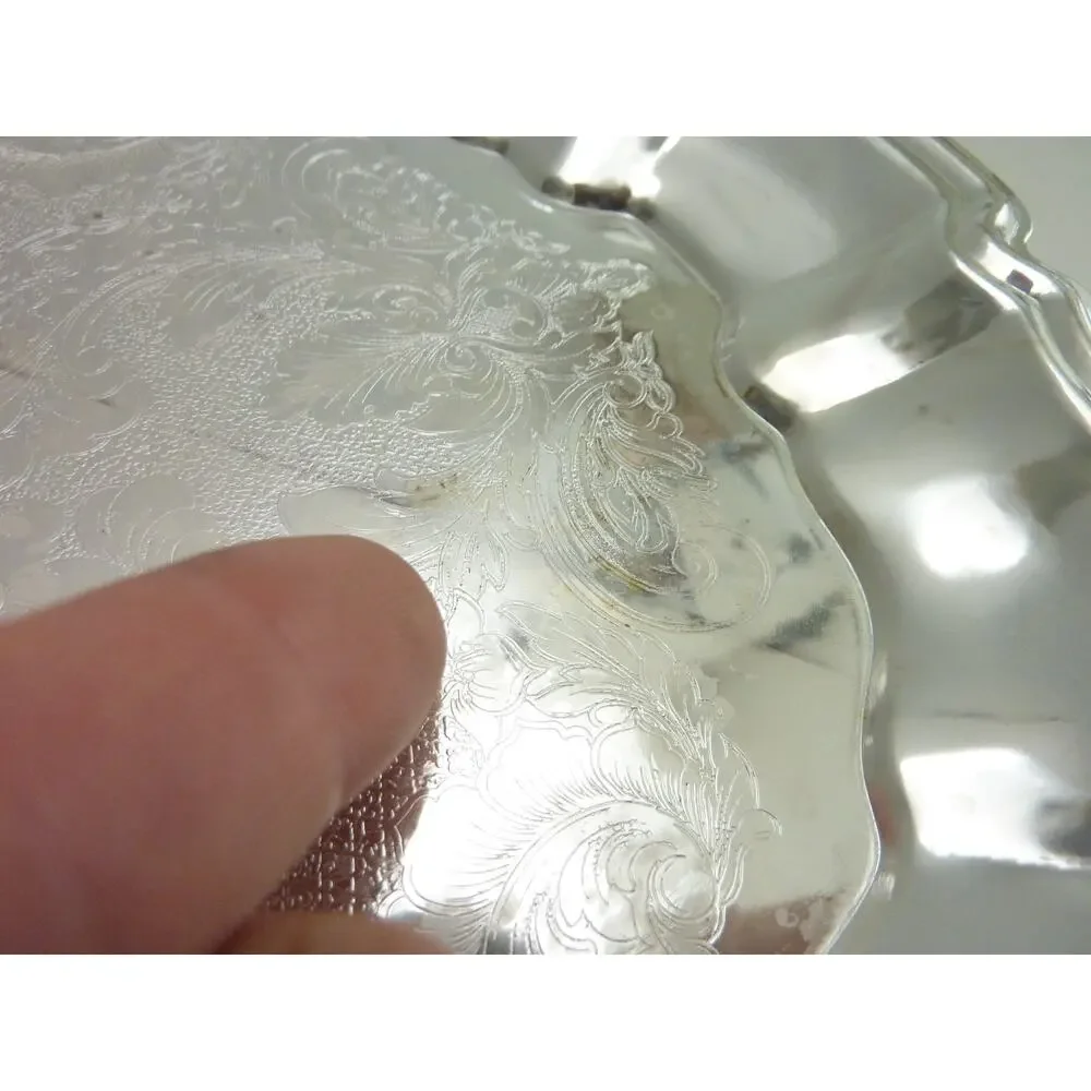 Vintage International Silver Co Silverplate Tray Scalloped Floral Etched Platter